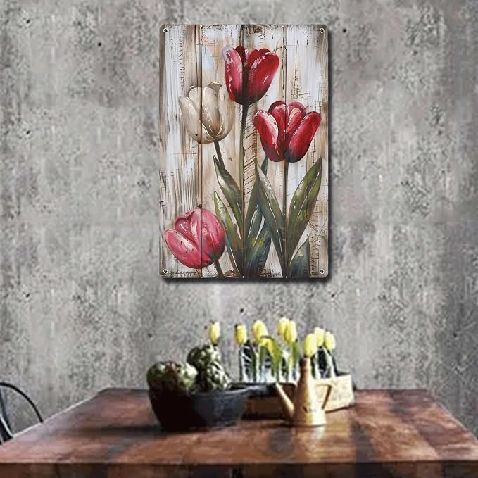 Metal Sign Tin Sign Vintage Wall Art Rustic Tulips Tin Sign for Vintage Style Gardens Shabby Chic Decor and Distressed Wood Panels Tin Sign Gift for Pub 8×12 Inches