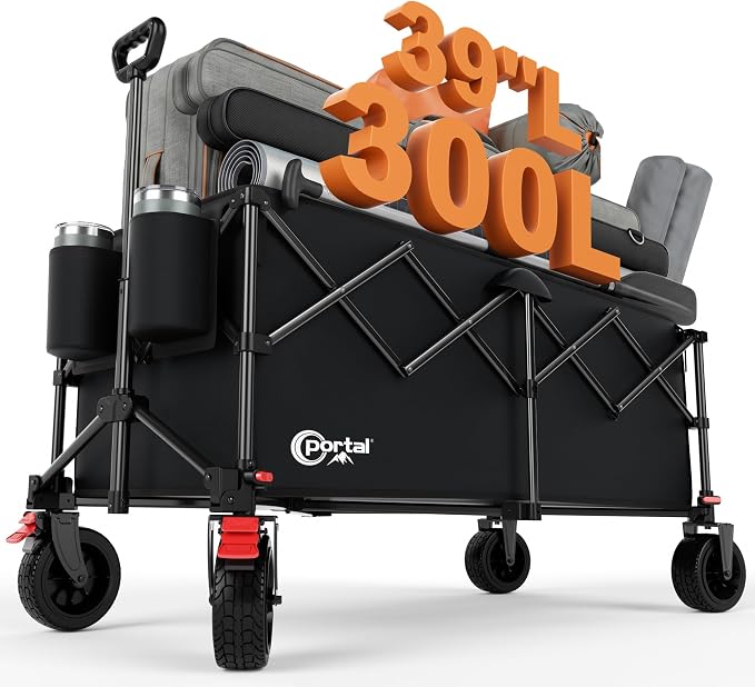 Portal Collapsible Wagon Cart, Foldable Wagon with Big Wheels, 300L Extra Large Wagon,18.7lbs Lightweight Utility Wagon, Heavy Duty Wagon for Beach, Camping, Sports, Garden Black