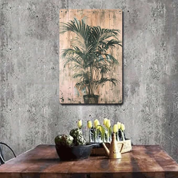 Metal Sign Tin Sign Vintage Wall Art Vintage Areca Palm Tin Sign for Rustic Paintings Shabby Chic Style and Bygone Era Charm Boho Bedroom Decorations for Club 8×12 Inches