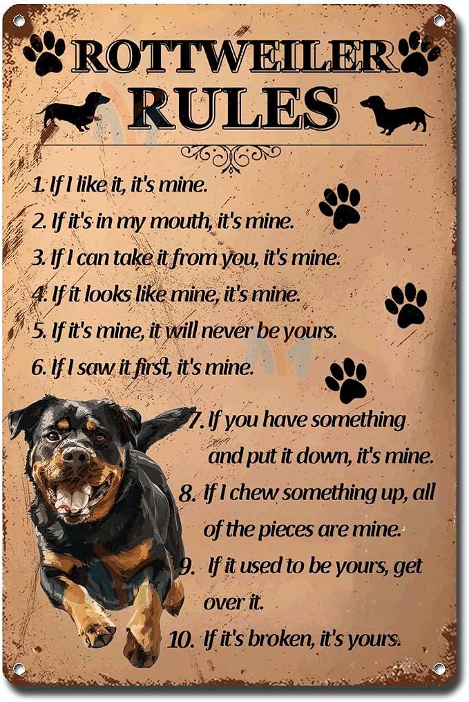 Metal Sign Tin Sign Vintage Wall Art Rottweiler Rules Funny Outdoor Decor for Bar 12×16 Inches