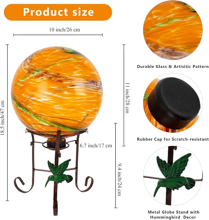 10 Inch Glass Gazing Ball with 9.4" H Metal Stand | Glass Gazing Globe Display Holder Set for Outdoor Garden Lawn Yard Decoration, Sunset Sky