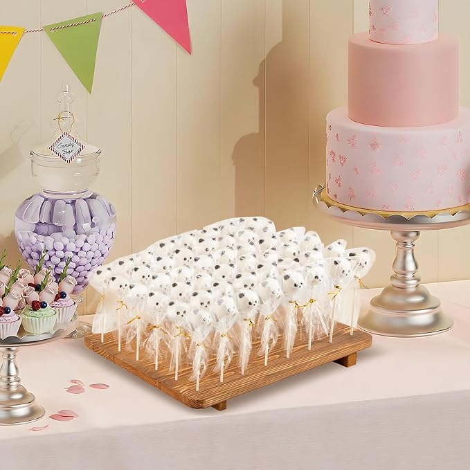48-Hole Wooden Cake Pop Stand for Drying/Display ，300 Accessories（Cake Pop Bag x100，Gold Twist Tie x100，Cake Pop Stick x100）- Dessert Table Holder for Birthdays, Baby Shower, Weddings