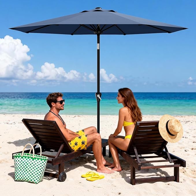 GarveeLife 10FT Umbrella Outdoor Patio, Table Umbrella with Push Button Tilt and Crank, 8 Sturdy Ribs Waterproof UV Protection for Garden, Pool, Deck, Backyard, Market (Navy Blue)