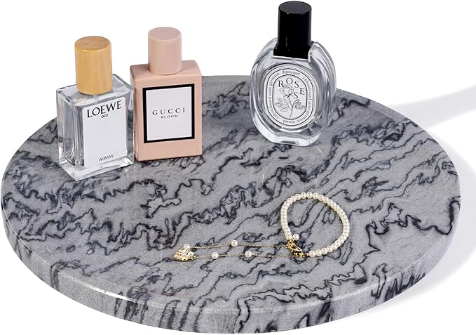 Karibiber Natural Marble Tray, 11.8in Serving Tray for Fruit, Round Decorative Vanity Dish for Jewelry&Key, Quality Storage Plate for Kitchen Coffee Table and Bathroom Desktop, Monte Grigio