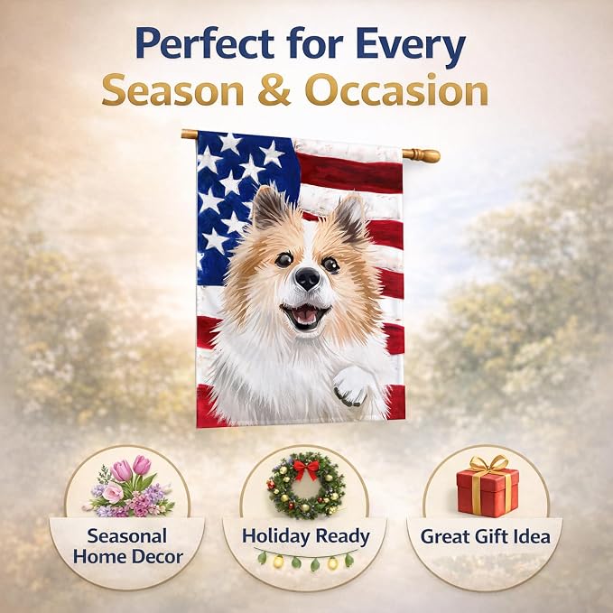 Caroline's Treasures CK6566CHF Icelandic Sheepdog Dog American Flag House Flag Large Porch Sleeve Pole Decorative Outside Yard Banner Artwork Wall Hanging, Polyester, House Size, Multicolor