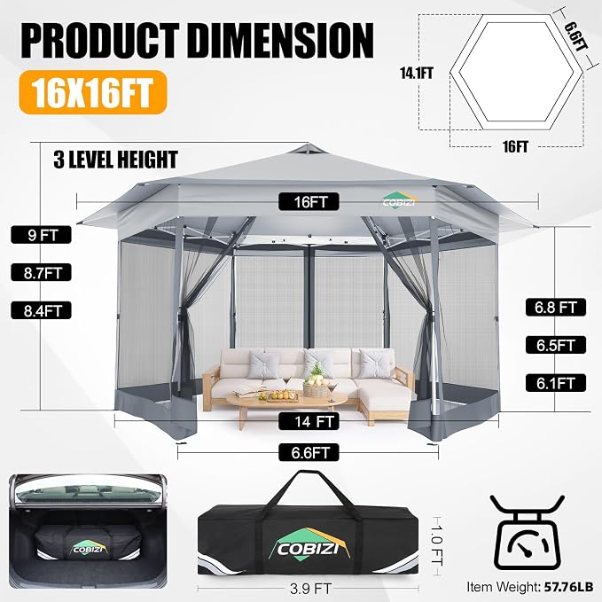 COBIZI 14x14 Pop Up Gazebo Tent with Mosquito Netting, Gazebos on Clearance, Hexagonal Outdoor Canopy Shelter, Patented Center Lock 6-Sided Portable Gazebos, Pop Up Canopy Tent for Backyard, White