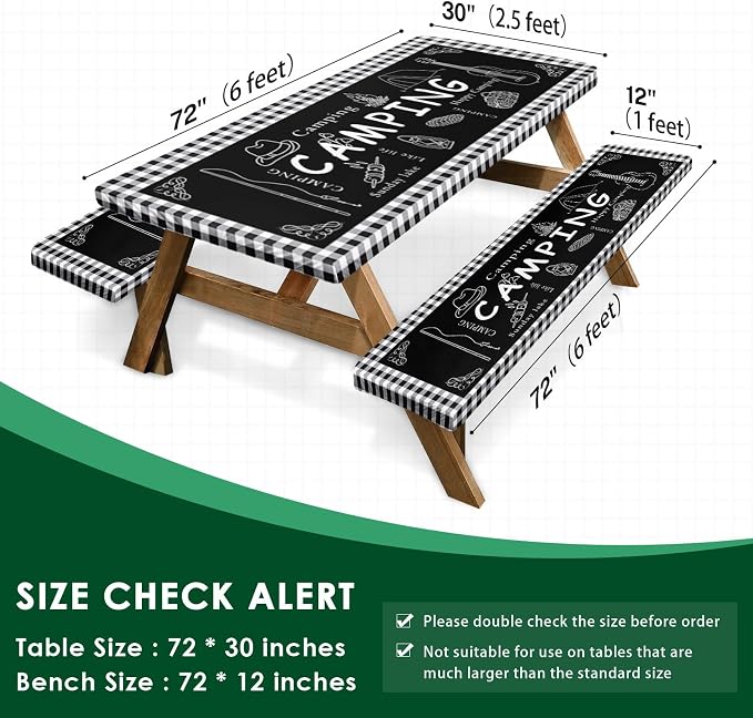 Picnic Table Cover with Bench Covers Elastic Edges, Black Camper Fitted Table Cover, Outdoor Patio Camping Essentials 72 Inch 3PCS, Waterproof Camping Fitted Tablecloth with Drawstring Bag