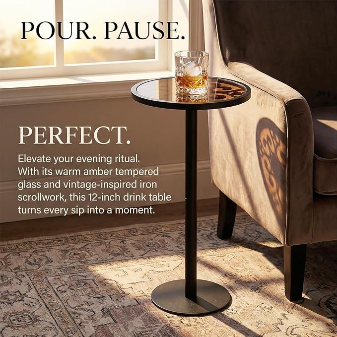 Black Drink Table, Indoor Outdoor Small Round Side Table with Tempered Glass & Vintage Scroll Design, 24.7" Pedestal End Table for Living Room, Patio, Balcony, Industrial Modern Accent Table