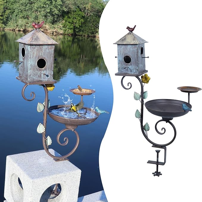 HLQMFHT Deck Bird Bath, 3 in 1 Metal Bird Bath and Bird Houses, Decorative Deck Mounted Bird Baths, Detachable and Adjustable Sturdy Deck Bird Bath for Outdoor Porch Yard Garden Decoration