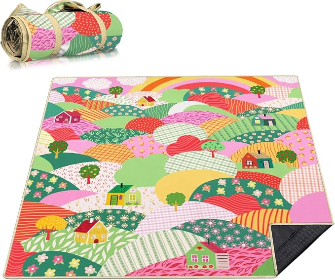 Picnic Blankets Extra Large Waterproof, 80"x 80" Cute Home Beach Mat with Corner Pockets Windproof Sandproof Foldable Portable 3-Layer Mat Darker for Wet Grass,Parks,Music Festival,Camping,Concerts