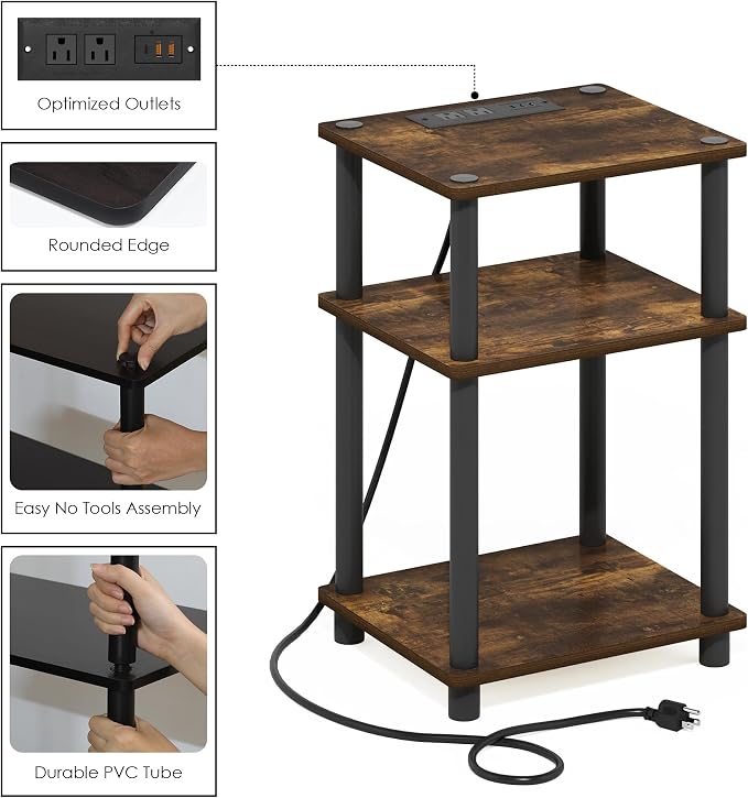 Furinno Just 3-Tier Turn-N-Tube USB and Type-C Charging Port End Table with Open Storage, 11.42 (W) x 8.82 (H) x 6.77 (D) inches, Amber Pine/Black
