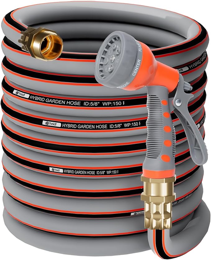 Garden Hose 50 ft 5/8,Rubber Water Hose Heavy Duty, Hybrid Durable Flexible Hose,Lightweight No Kink Hose for Outdoor Yard Lawn with Sprayer Nozzle and 3/4''Brass Solid Fittings