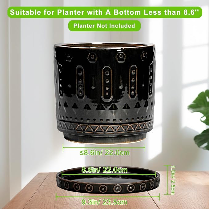 EightPot Ceramic Plant Saucer, Plant Saucers for Indoors Outdoor, 9.3 Inch Plant Drip Trays, Round Plants Plates to Catch Water, Boho Flower Pot Saucers, Decorative Plants Dishes to Catch Water, Black