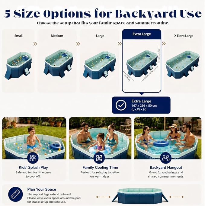 100.78-Inch Foldable Swimming Pool, Blue Non-Inflatable Rectangular Pool for 4-6 People, 4-Layer Composite PVC, Aluminum Alloy Frame, Dual Drains for Backyard Summer Fun