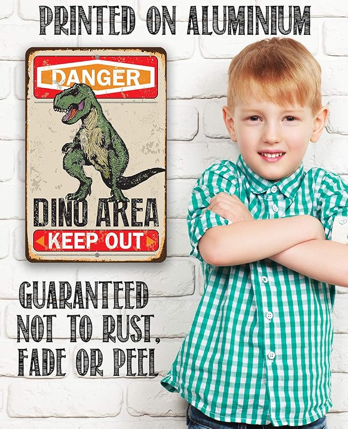 Danger Dinosaur Area Keep Out - Retro Funny Tin Sign for Wall Decor, Dinosaur Party Decoration Signs, Dinosaur Poster for Boys Room, 12x18 Use Indoors or Outdoors Durable Rustic Metal Sign