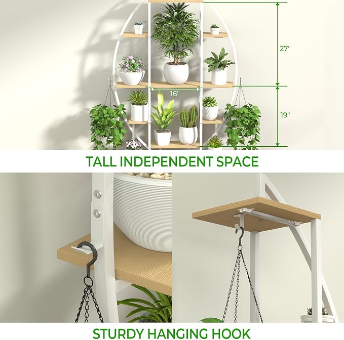 Plant Stand Shelf Indoor with 6 Grow Light, 7 Tiered 65" Tall White Large Half Moon Lighted Plant Rack Holder, 2 Pack Big High Circular Arch Multi Herb Stand with Built in LED Grow Light Set