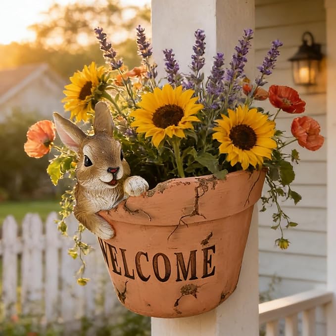 Hanging Planter with Cute Rabbit Design Decorative Wall Planter for Indoor Outdoor Terracotta Style Resin Unique Funny Plants Pot for Home Porch Garden Decor Artificial Flowers