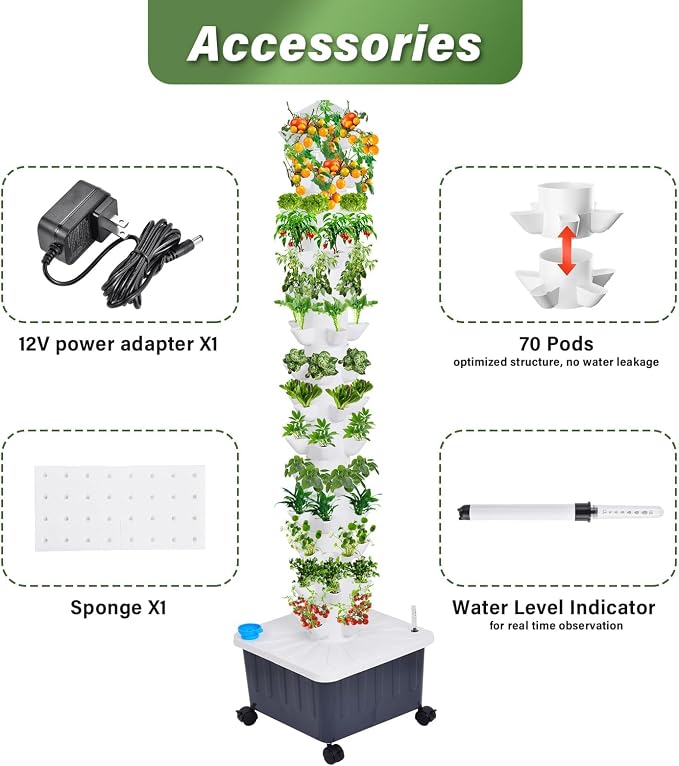 14 Layer Hydroponic Tower 70 Slot Vertical Garden Grow Kit | 14-Layer hydroponic tower 70-slot vertical garden kit with 20L tank pump for indoor balcony patio