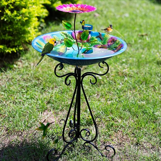 DREAMSOUL 20" Dia Bird Bath Stand Metal Birdbath with Folding Bracket, 2 in 1 Hummingbird Deep Bird Bath for Outside