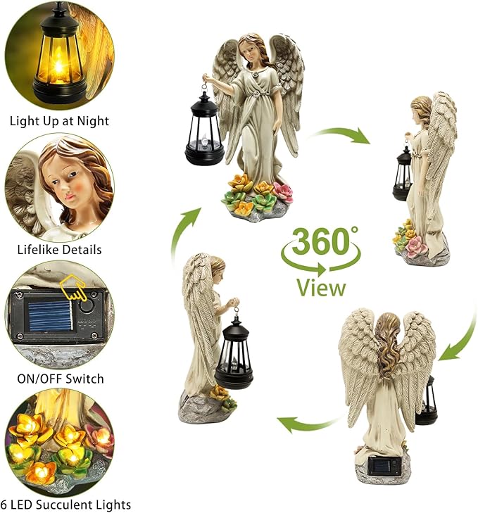 Solar Garden Statue Angel Figurine - 11.8 Inch Fairy Angel Solar Lights Outdoor with Hanging Lantern for Balcony Patio Yard Ornament, Cemetery Grave Decoration, Gifts for Women Mom, Memorial Gifts