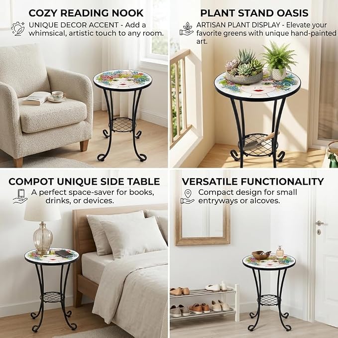 Mosaic Outdoor Side Table Small Round Patio Table Plant Stand | 21" Accent End Table with 14" Ceramic Tile Top for Small Spaces Porch Pool Garden Decor Indoor Living Room Bedroom Balcony