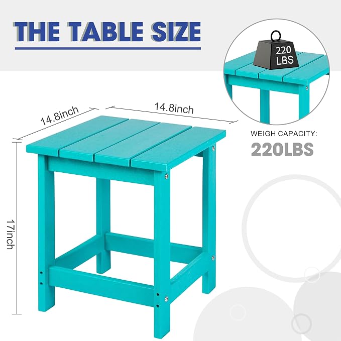 LZRS Patio Side Table, Heavy Duty HDPE Outdoor End Table with Wood Texture, Weatherproof Composite Table for Adirondack Chairs, Deck, Pool, Indoor/Outdoor, No Peeling or Cracking(Turquoise)