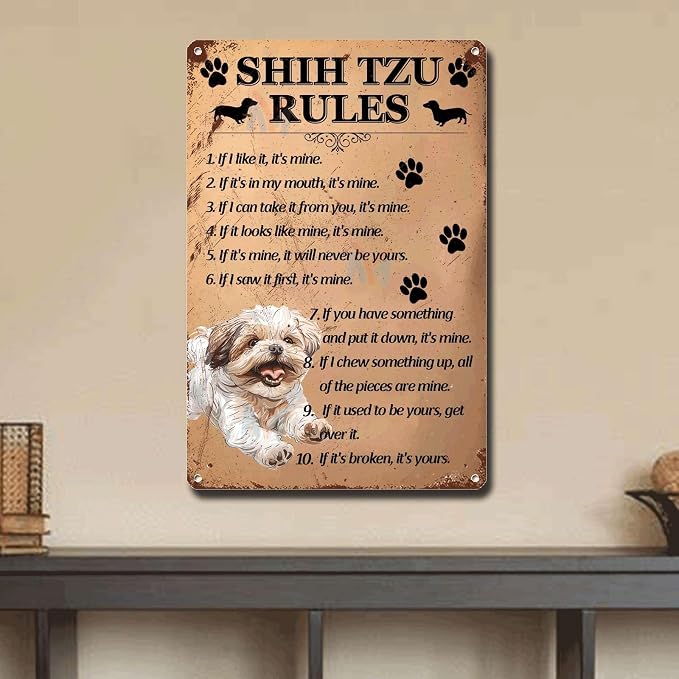 Metal Sign Tin Sign Vintage Wall Art Shih Tzu Rules Garden Metal Sign for Pub 12×16 Inches