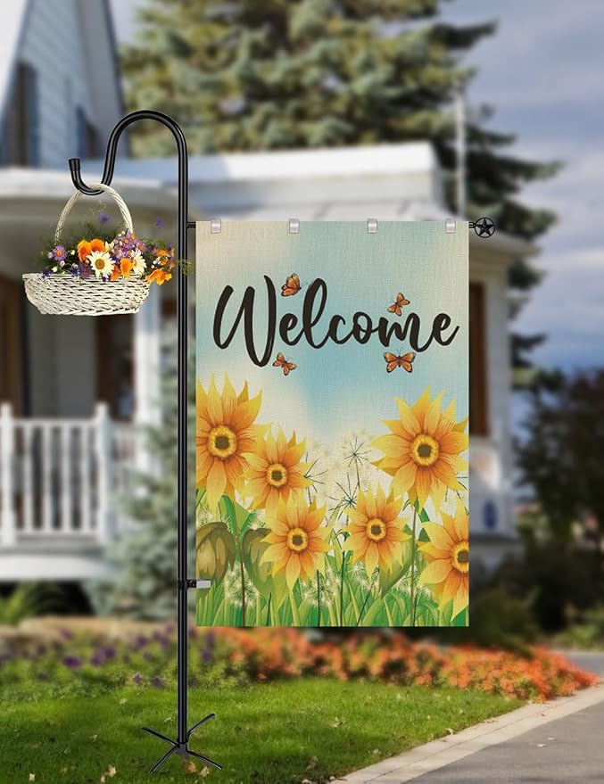 LOPANNY Large Garden Flag Holder Stand Pole for 28 x 40 Flags with Shepherds Hooks for Outdoor - 2 Pack Upgraded Sturdy 60In Yard Flag Post Stake for Outdoor Decor(without Solar Lights & Flag)