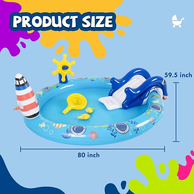 DIMAR GARDEN Inflatable Kids Swimming Pool Water Slide, Round Spray Pool Play Center, Blue