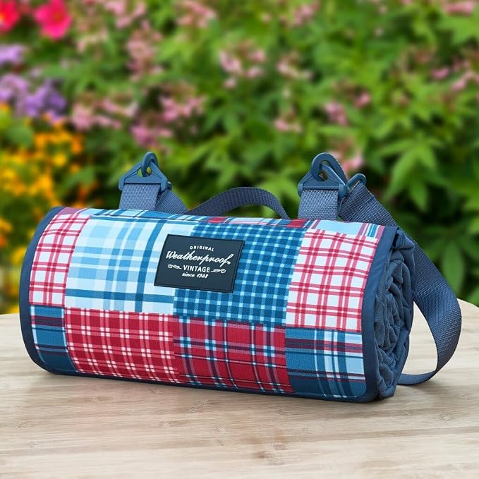 Weatherproof Vintage Waterproof Outdoor Blanket- Blue and Red Roll Up Throw Blanket with Handle, Velcro Closure - Camping Supplies, Travel Blanket for Beach, Picnic & Events, 60"x72" (Madras)