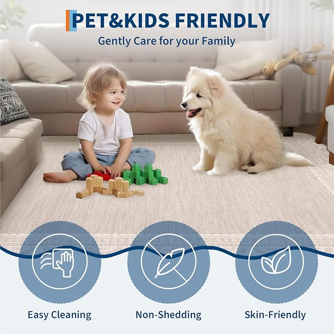 Garvee 9x12 Scalloped Lace Rug for Living Room Washable Soft Rugs Beige | Non Slip Low Pile Rug, Non-Shedding Carpet for Bedroom Playroom Kids Room, Stain Resistant Rugs, Solid Rug for Girls Room