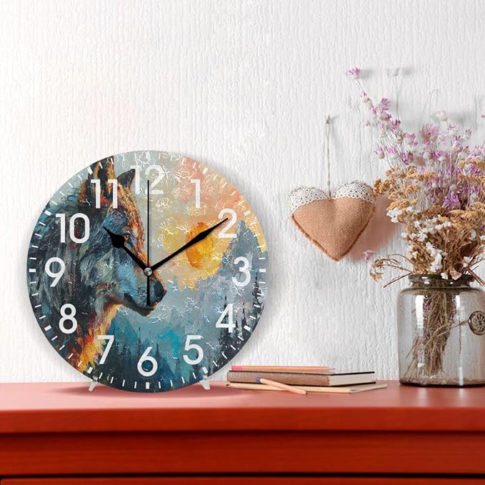ALAZA Home Decor Watercolor Sunset Wolf Mountain Watercolor Round Acrylic 9.5 Inch Wall Clock Non Ticking Silent Clock Art for Living Room Kitchen Bedroom