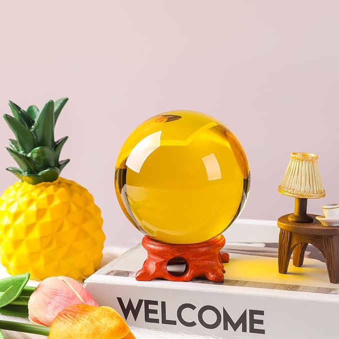 Yellow Crystal Ball 80mm/3.1inch with Rose Wooden Stand and Gift Box for lensball Photography,Fortune Teller,Feng Shui, Witchcraft Decor,Scrying,Magic,Quartz Crystal Orb Prop Decorative Glass Sphere
