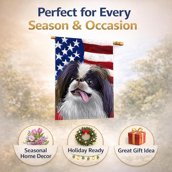 Caroline's Treasures CK6580CHF Japanese Chin American Flag House Flag Large Porch Sleeve Pole Decorative Outside Yard Banner Artwork Wall Hanging, Polyester, House Size, Multicolor