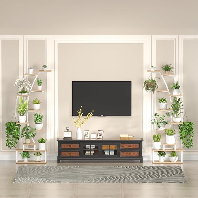 Plant Stand Shelf Indoor with 8 Grow Light, 10 Tiered 65" Tall White Large Half Moon Lighted Plant Rack Holder, 2 Pack Big High Circular Arch Multi Herb Stand with Built in LED Grow Light Set