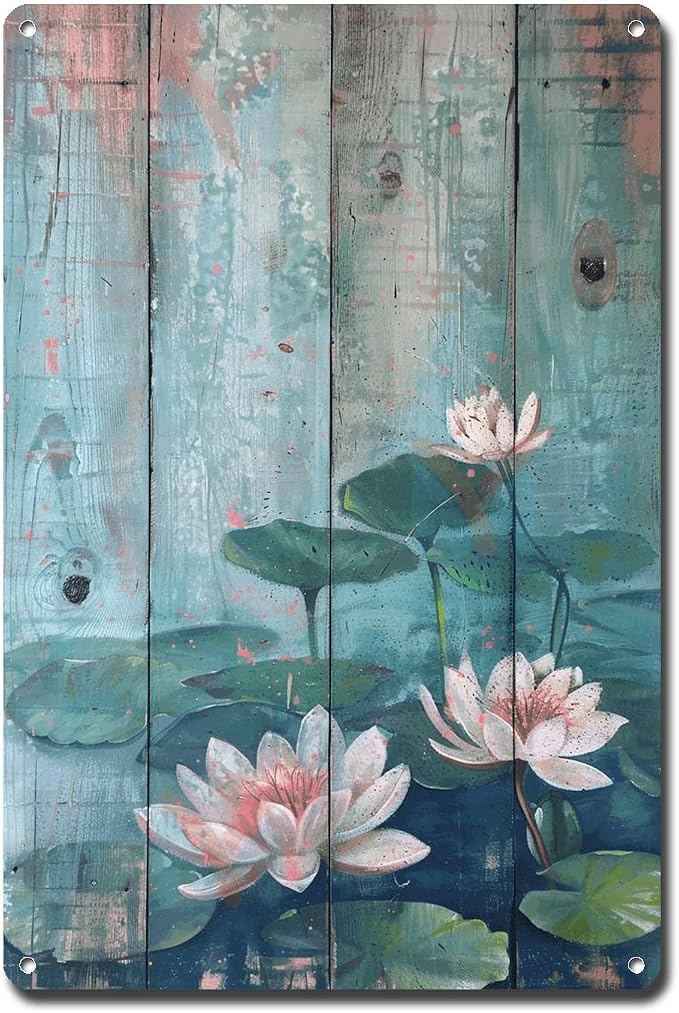 Metal Sign Tin Sign Vintage Wall Art Shabby Chic Water Lilies Tin Sign for Vintage Pond Tranquility Rustic Wall Art and Distressed Woo Toilet Decor Tin Sign for Pub 8×12 Inches