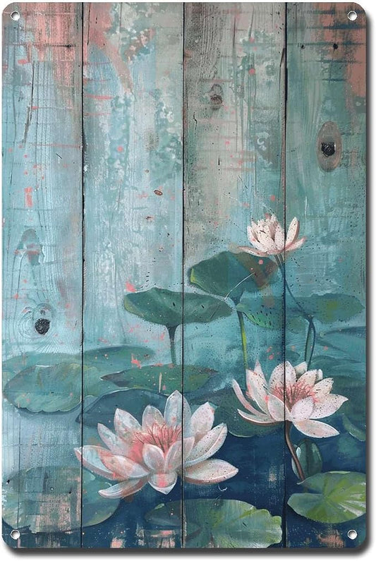 Metal Sign Tin Sign Vintage Wall Art Shabby Chic Water Lilies Tin Sign for Vintage Pond Tranquility Rustic Wall Art and Distressed Woo Boho Decorations for Home for Restaurant 12×16 Inches