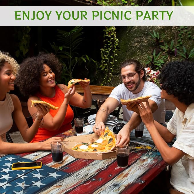 American Flag Picnic Table Cover with Bench Covers and Carrying Bag, Wood Grain USA Flag Art Eagle Outdoor Camping Essentials 6FT 4PCS Fitted Rectangle RV Must Haves Tablecloth