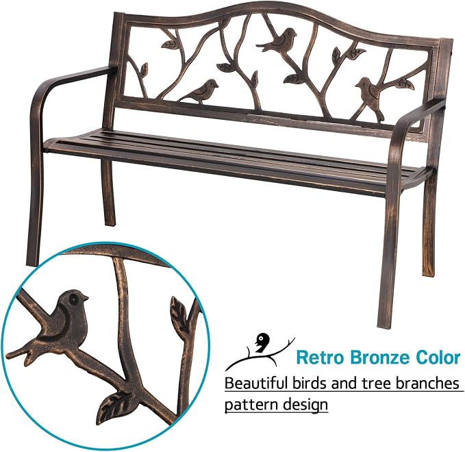 MFSTUDIO 50" Outdoor Garden Bench, Patio Metal Frame Park Bench with Bird Pattern Backrest for Porch, Lawn, Deck(Bronze)