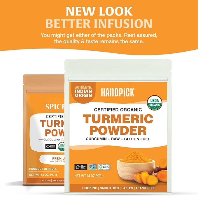 HANDPICK Organic Turmeric Powder with Curcumin (397g/14oz) | Authentic Indian Origin | Gluten Free | Made from Turmeric Root (Packaging may vary)