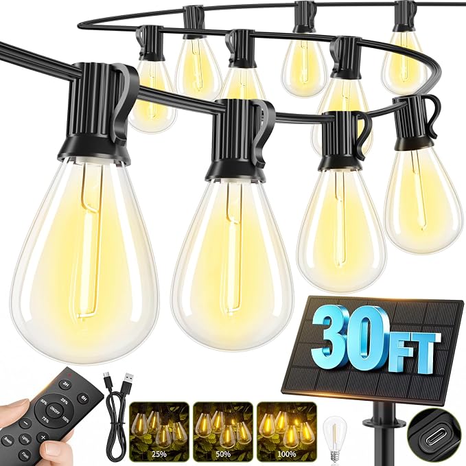 30FT Solar String Lights Outdoor Waterproof, 10+1 LED Solar Powered Lights with Remote Control, 3 Light Modes & Dimmable, USB-C Charging for Patio, Backyard, Garden, Camping