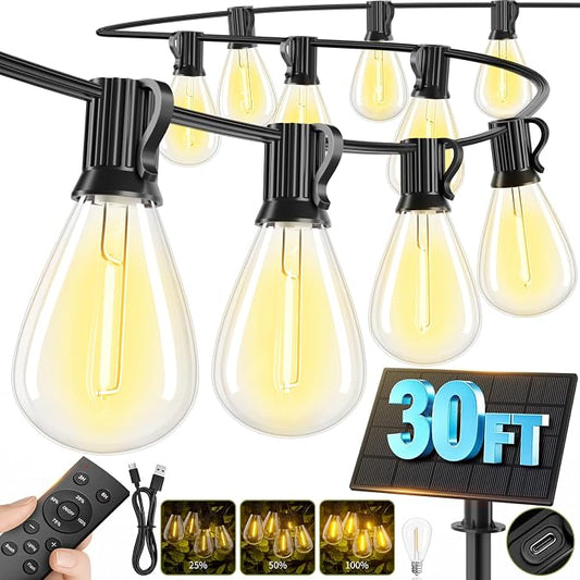 30FT Solar String Lights Outdoor Waterproof, 10+1 LED Solar Powered Lights with Remote Control, 3 Light Modes & Dimmable, USB-C Charging for Patio, Backyard, Garden, Camping