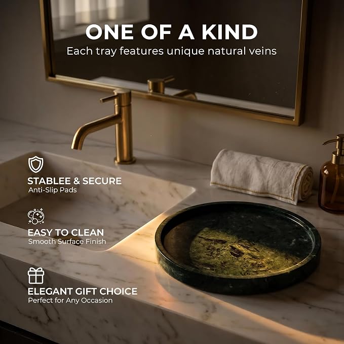 Natural Marble Decorative Tray for Bathroom Bedroom Kitchen, Large 10.6" Round Vanity Trays for Jewelry, Perfume, Cosmetic, Candle, Countertop Storage Organizer for Home Decor Green (WH110)