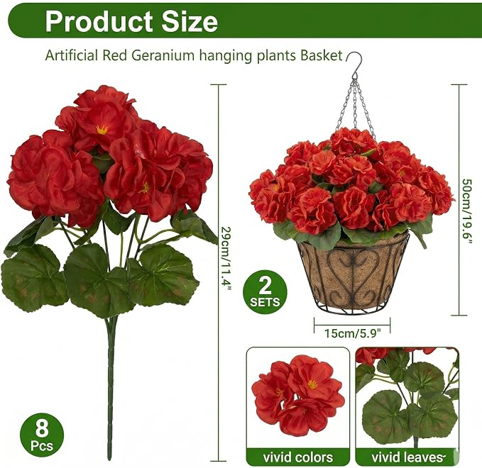 2 Pack Artificial Geraniums Flowers with Hanging Baskets,UV Resistant Silk Faux Red Geranium Flowers with Hanging Planters for Outdoor Patio Balcony Front Porch Garden Home Decor