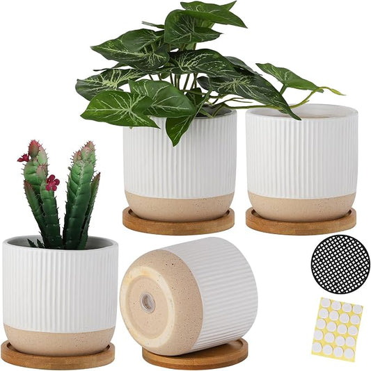 4" White Ceramic Plant Pots with Drainage Holes & Trays Set of 4 | Modern Small Minimalist Flower Planter Pot with Saucers for Indoor Plants, Succulent, Snake Plants, Cactus & Herbs