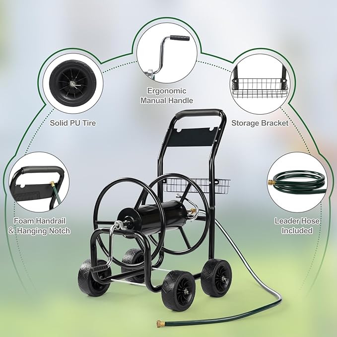 VINGLI 300FT 5/8in Garden Hose Reel Cart, 4-Wheel Portable Residential Hose Reel Cart, Hose Guide System with Storage Basket, Rust Resistant, for Family Yard, Garden and Farm (Black)