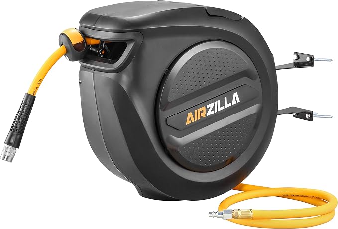 AIRZILLA Retractable Air hose reel 3/8" Inch x 50 ft Flex Hybrid Air Hose, Air compressor Hose Reel with 6 ft Lead in, Quick Connect, Mounted 180° Swivel, 300PSI
