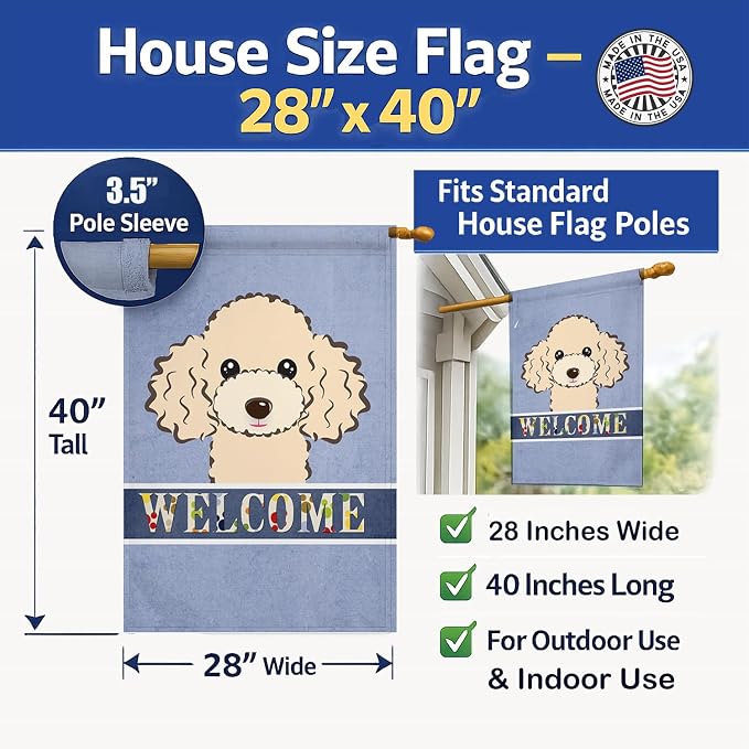 Caroline's Treasures BB1444CHF Buff Poodle Welcome House Flag, Blue Large Porch Sleeve Pole Decorative Outside Yard Banner Artwork Wall Hanging, Polyester, House Size, Multicolor