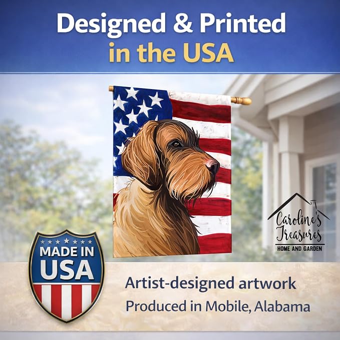 Caroline's Treasures CK6758CHF Wirehaired Vizsla American Flag House Flag Large Porch Sleeve Pole Decorative Outside Yard Banner Artwork Wall Hanging, Polyester, House Size, Multicolor
