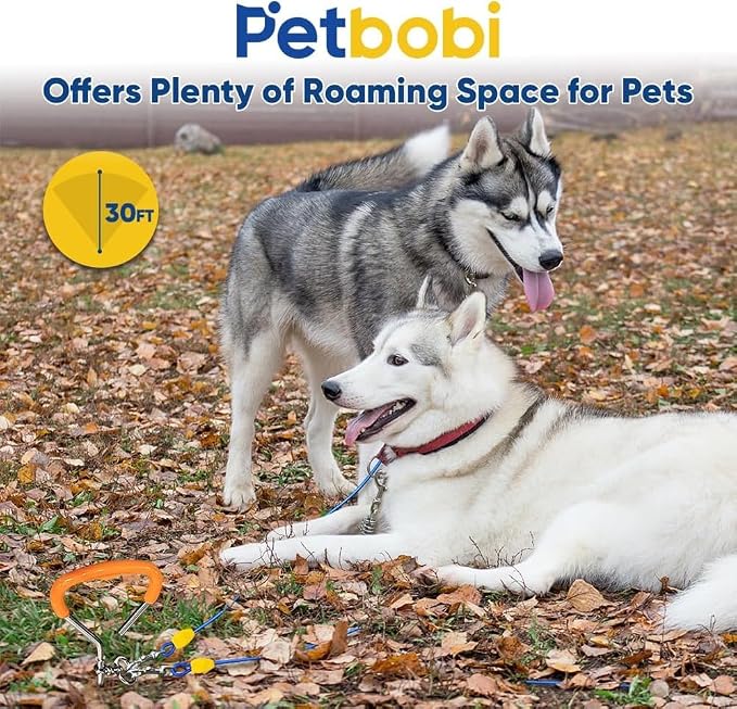 Petbobi Dog Tie-Out Cable and Stake - 30ft Heavy Duty Cable with Spring, No Tangle, 16in Ground Stake, Ideal for Outdoor Yard, Camping, Suitable for Small Medium Large Dogs Up to 120 lbs, Blue